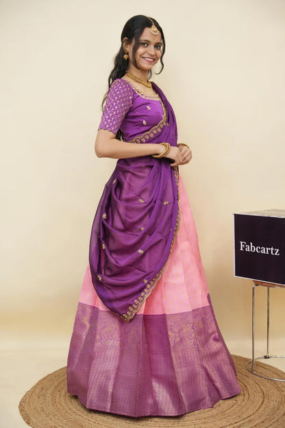 Beautiful South Indian Style Half Saree with Embroidery Work and Beads Work Blouse and Dupatta for Women | Reet KV