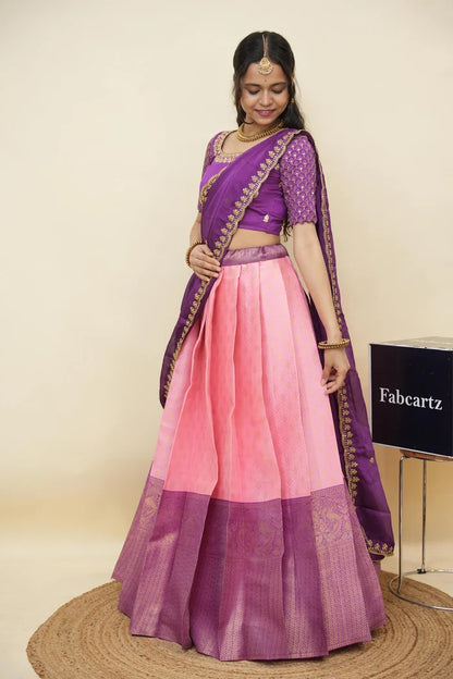 Beautiful South Indian Style Half Saree with Embroidery Work and Beads Work Blouse and Dupatta for Women | Reet KV
