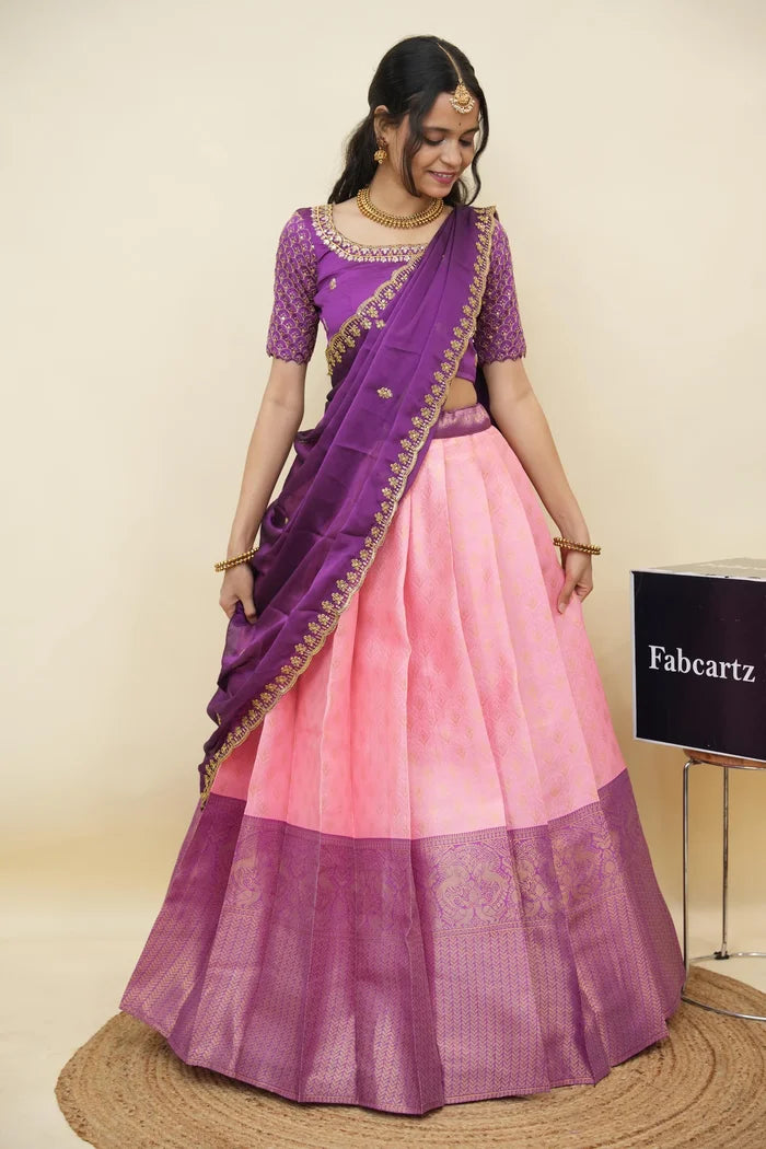 Beautiful South Indian Style Half Saree with Embroidery Work and Beads Work Blouse and Dupatta for Women | Reet KV