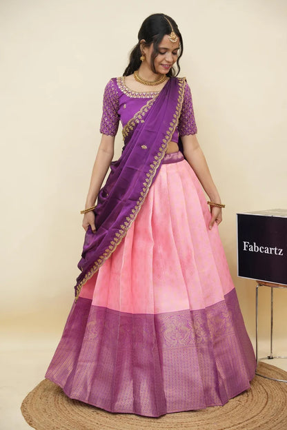 Beautiful South Indian Style Half Saree with Embroidery Work and Beads Work Blouse and Dupatta for Women | Reet KV