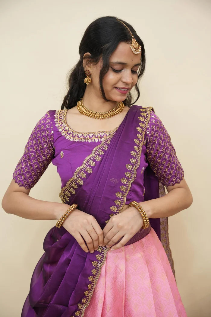Beautiful South Indian Style Half Saree with Embroidery Work and Beads Work Blouse and Dupatta for Women | Reet KV