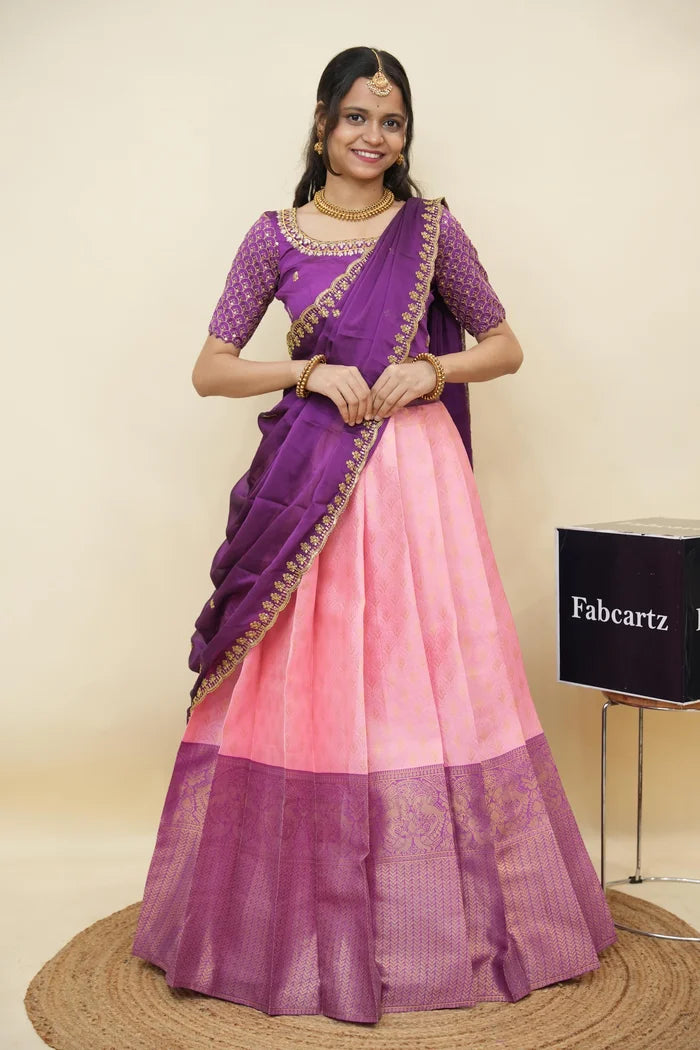 Beautiful South Indian Style Half Saree with Embroidery Work and Beads Work Blouse and Dupatta for Women | Reet KV