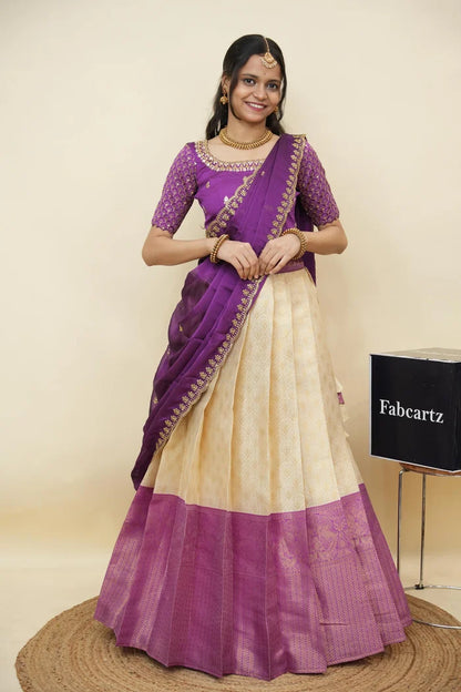 Beautiful South Indian Style Half Saree with Embroidery Work and Beads Work Blouse and Dupatta for Women | Reet KV