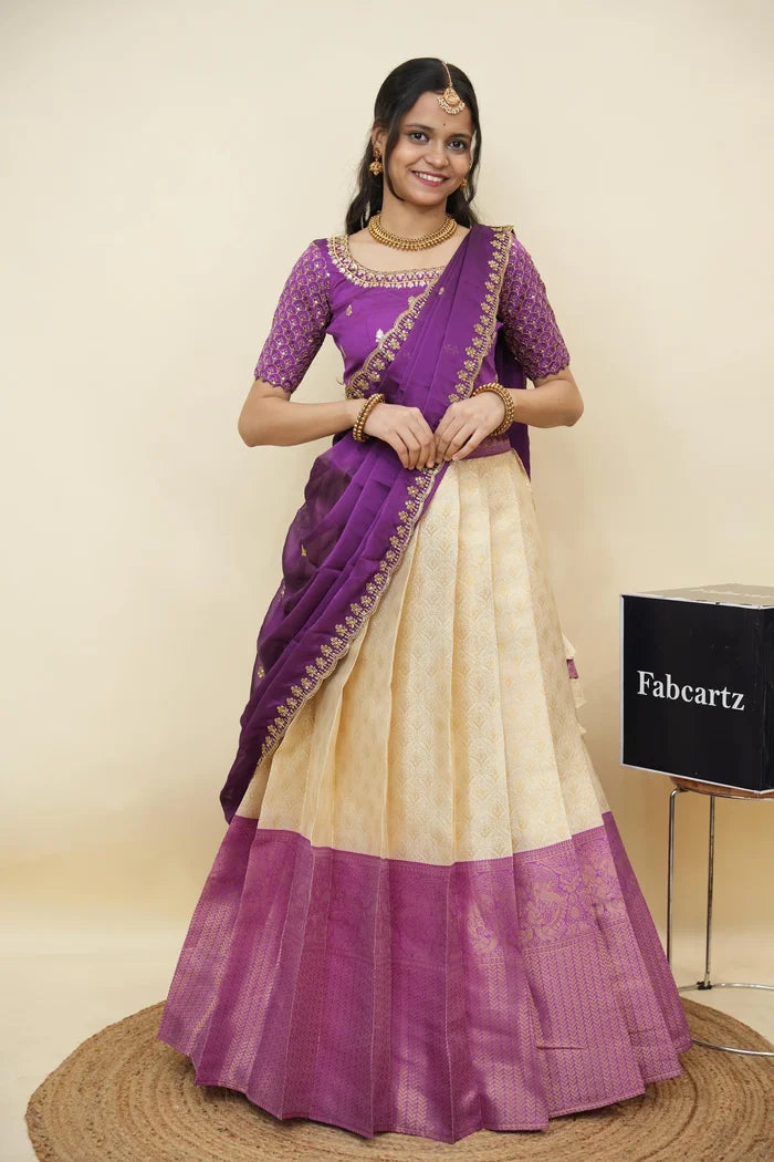 Beautiful South Indian Style Half Saree with Embroidery Work and Beads Work Blouse and Dupatta for Women | Reet KV