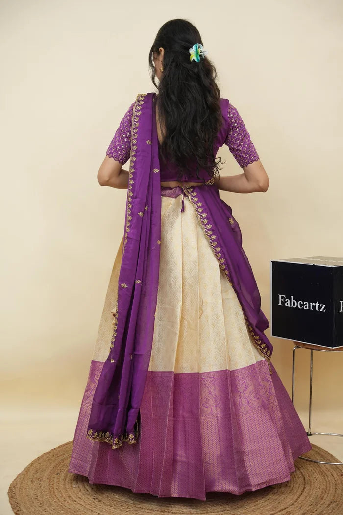 Beautiful South Indian Style Half Saree with Embroidery Work and Beads Work Blouse and Dupatta for Women | Reet KV