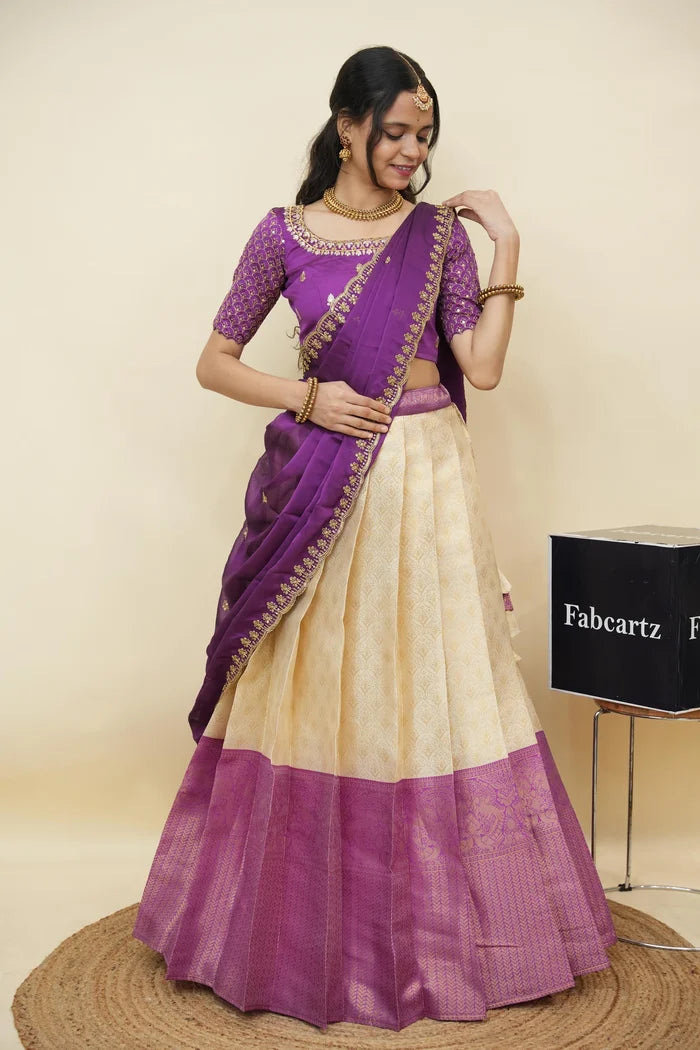 Beautiful South Indian Style Half Saree with Embroidery Work and Beads Work Blouse and Dupatta for Women | Reet KV