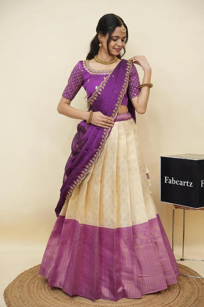 Beautiful South Indian Style Half Saree with Embroidery Work and Beads Work Blouse and Dupatta for Women | Reet KV