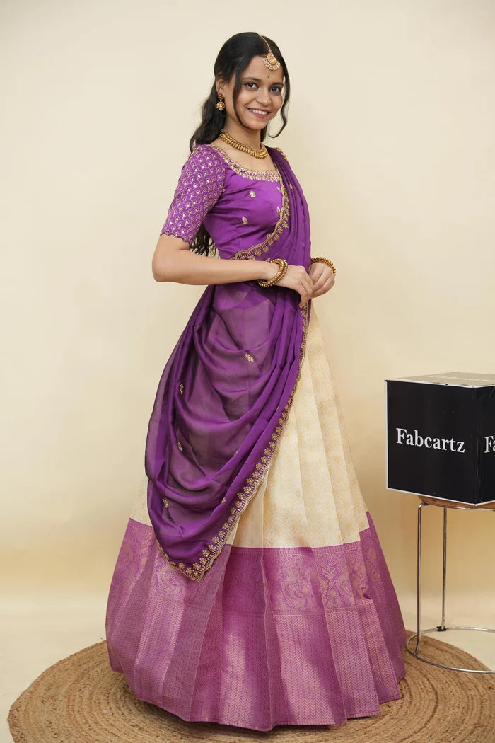 Beautiful South Indian Style Half Saree with Embroidery Work and Beads Work Blouse and Dupatta for Women | Reet KV