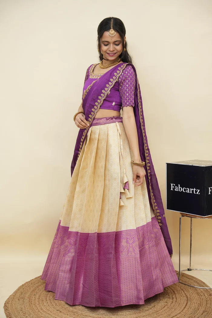 Beautiful South Indian Style Half Saree with Embroidery Work and Beads Work Blouse and Dupatta for Women | Reet KV