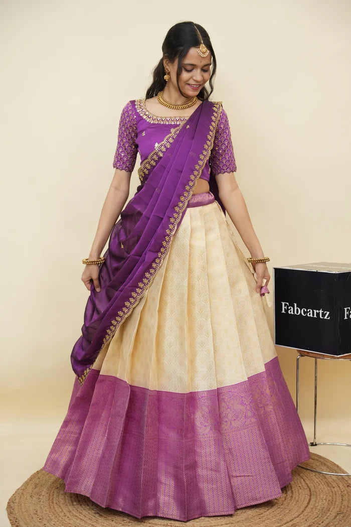 Beautiful South Indian Style Half Saree with Embroidery Work and Beads Work Blouse and Dupatta for Women | Reet KV