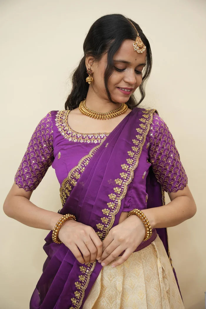 Beautiful South Indian Style Half Saree with Embroidery Work and Beads Work Blouse and Dupatta for Women | Reet KV