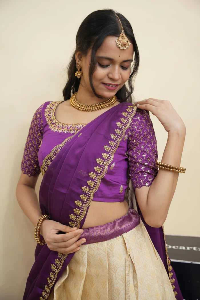 Beautiful South Indian Style Half Saree with Embroidery Work and Beads Work Blouse and Dupatta for Women | Reet KV