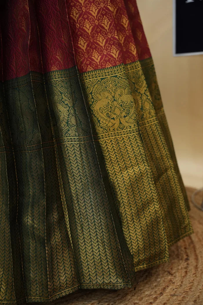 Beautiful South Indian Style Half Saree with Embroidery Work and Beads Work Blouse and Dupatta for Women | Reet KV