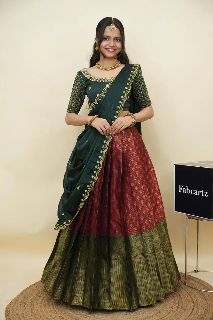 Beautiful South Indian Style Half Saree with Embroidery Work and Beads Work Blouse and Dupatta for Women | Reet KV