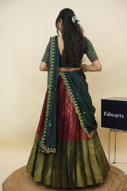 Beautiful South Indian Style Half Saree with Embroidery Work and Beads Work Blouse and Dupatta for Women | Reet KV