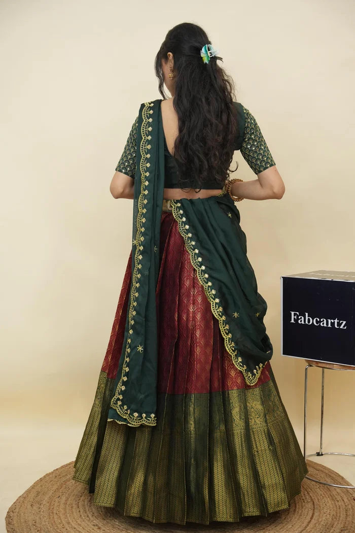 Beautiful South Indian Style Half Saree with Embroidery Work and Beads Work Blouse and Dupatta for Women | Reet KV