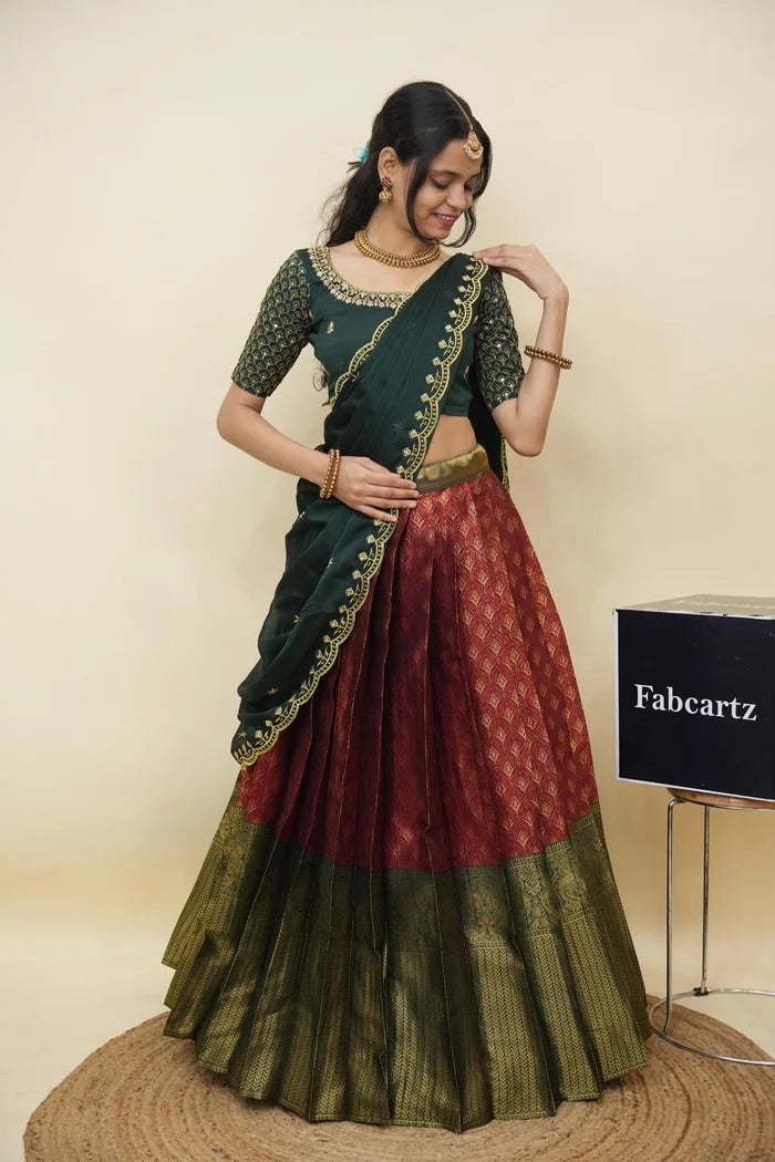 Beautiful South Indian Style Half Saree with Embroidery Work and Beads Work Blouse and Dupatta for Women | Reet KV