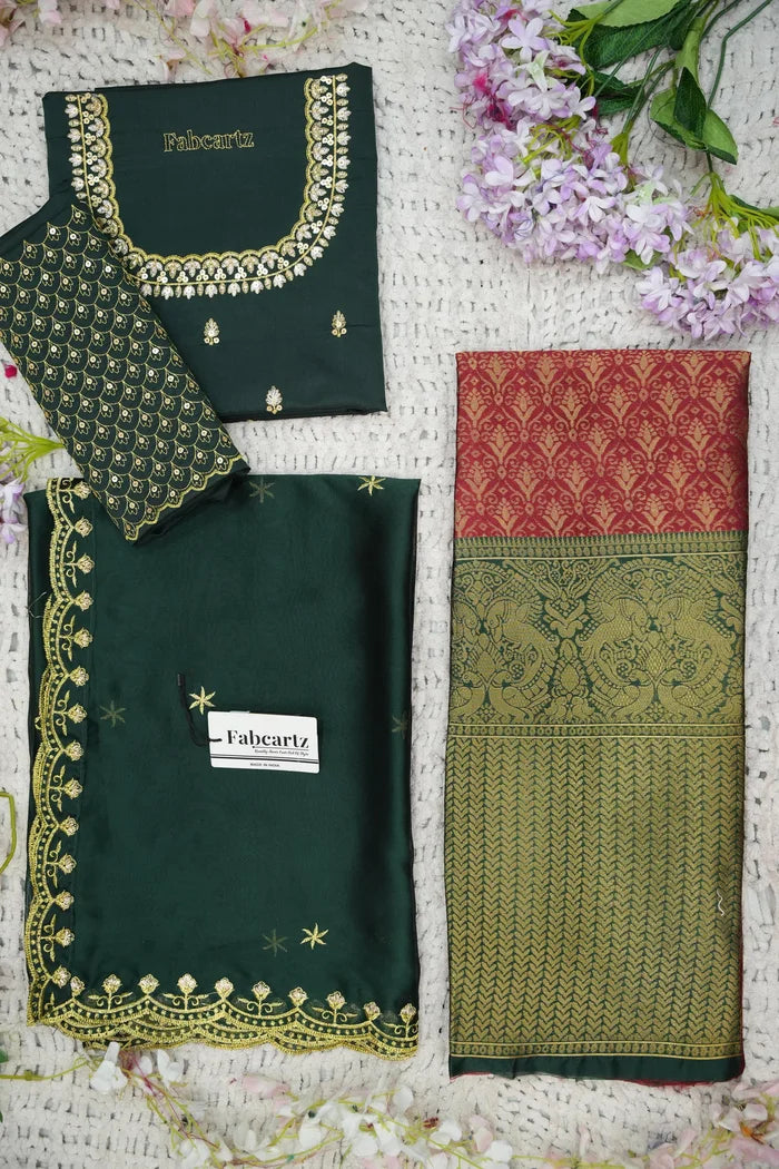 Beautiful South Indian Style Half Saree with Embroidery Work and Beads Work Blouse and Dupatta for Women | Reet KV