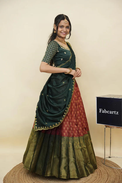 Beautiful South Indian Style Half Saree with Embroidery Work and Beads Work Blouse and Dupatta for Women | Reet KV