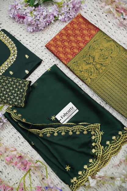 Beautiful South Indian Style Half Saree with Embroidery Work and Beads Work Blouse and Dupatta for Women | Reet KV