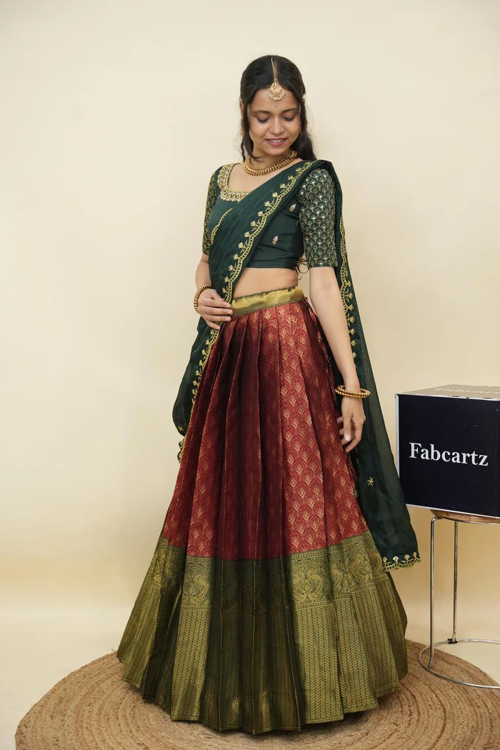 Beautiful South Indian Style Half Saree with Embroidery Work and Beads Work Blouse and Dupatta for Women | Reet KV