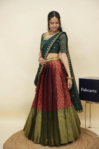 Beautiful South Indian Style Half Saree with Embroidery Work and Beads Work Blouse and Dupatta for Women | Reet KV