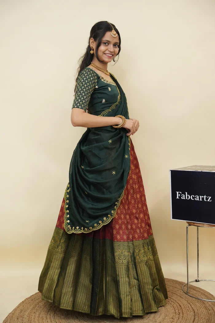 Beautiful South Indian Style Half Saree with Embroidery Work and Beads Work Blouse and Dupatta for Women | Reet KV