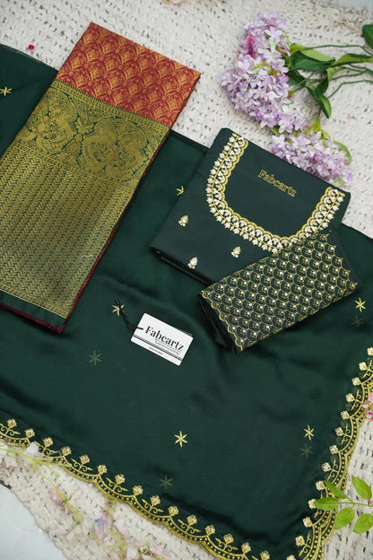 Beautiful South Indian Style Half Saree with Embroidery Work and Beads Work Blouse and Dupatta for Women | Reet KV