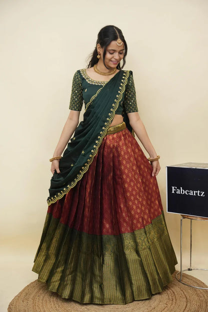 Beautiful South Indian Style Half Saree with Embroidery Work and Beads Work Blouse and Dupatta for Women | Reet KV