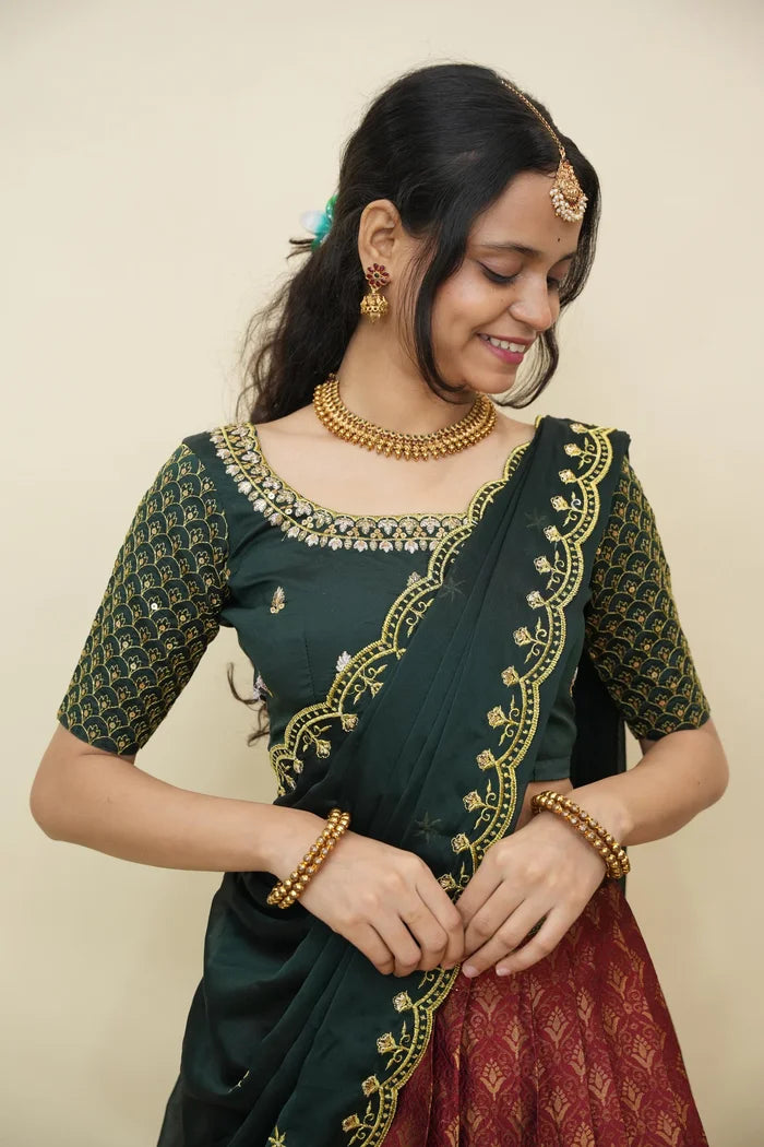 Beautiful South Indian Style Half Saree with Embroidery Work and Beads Work Blouse and Dupatta for Women | Reet KV