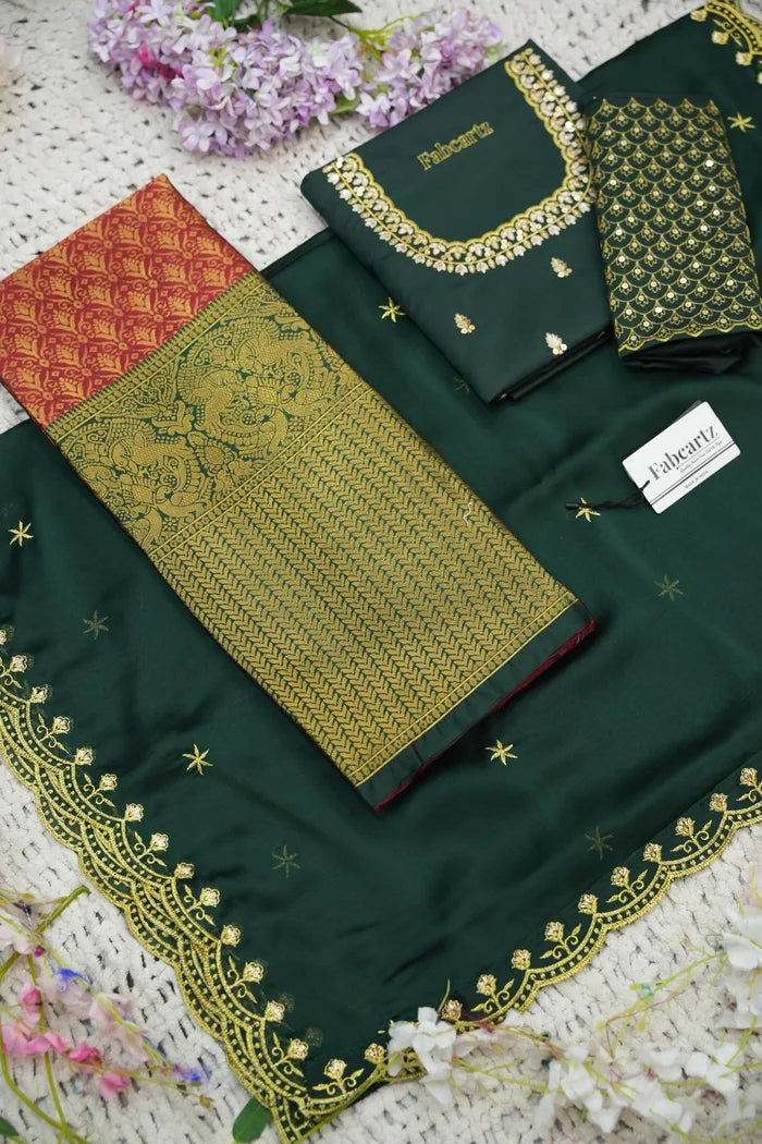Beautiful South Indian Style Half Saree with Embroidery Work and Beads Work Blouse and Dupatta for Women | Reet KV