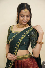 Beautiful South Indian Style Half Saree with Embroidery Work and Beads Work Blouse and Dupatta for Women | Reet KV