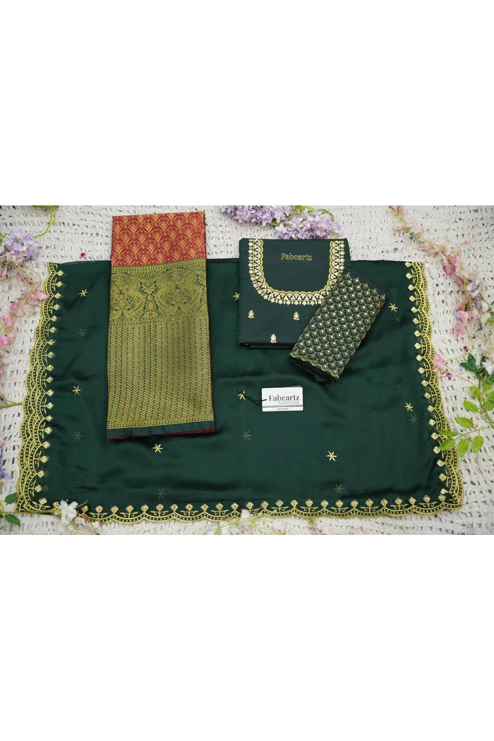 Beautiful South Indian Style Half Saree with Embroidery Work and Beads Work Blouse and Dupatta for Women | Reet KV