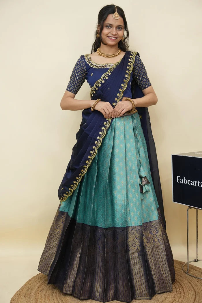 Beautiful South Indian Style Half Saree with Embroidery Work and Beads Work Blouse and Dupatta for Women | Reet KV