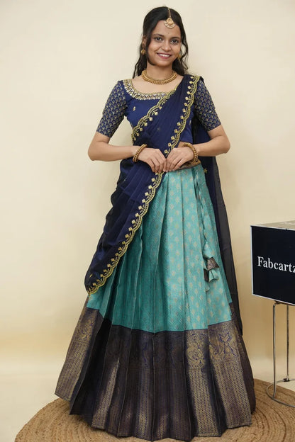 Beautiful South Indian Style Half Saree with Embroidery Work and Beads Work Blouse and Dupatta for Women | Reet KV