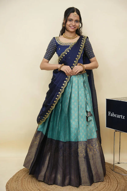 Beautiful South Indian Style Half Saree with Embroidery Work and Beads Work Blouse and Dupatta for Women | Reet KV