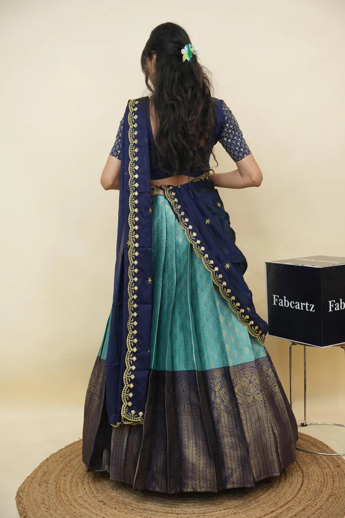 Beautiful South Indian Style Half Saree with Embroidery Work and Beads Work Blouse and Dupatta for Women | Reet KV