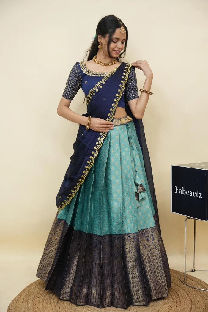 Beautiful South Indian Style Half Saree with Embroidery Work and Beads Work Blouse and Dupatta for Women | Reet KV
