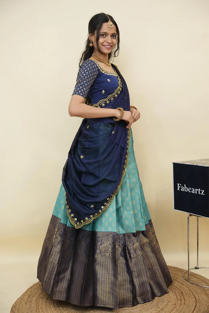 Beautiful South Indian Style Half Saree with Embroidery Work and Beads Work Blouse and Dupatta for Women | Reet KV
