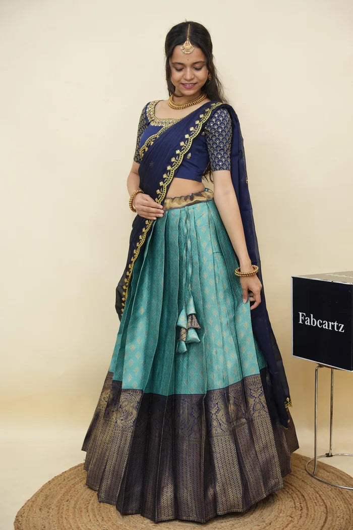 Beautiful South Indian Style Half Saree with Embroidery Work and Beads Work Blouse and Dupatta for Women | Reet KV