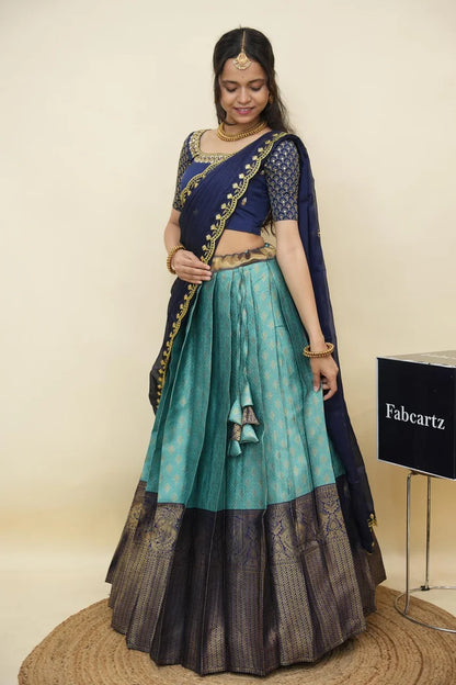 Beautiful South Indian Style Half Saree with Embroidery Work and Beads Work Blouse and Dupatta for Women | Reet KV