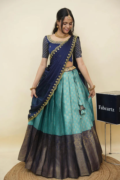 Beautiful South Indian Style Half Saree with Embroidery Work and Beads Work Blouse and Dupatta for Women | Reet KV