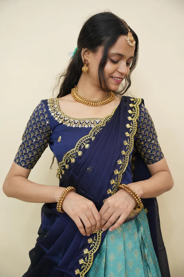 Beautiful South Indian Style Half Saree with Embroidery Work and Beads Work Blouse and Dupatta for Women | Reet KV