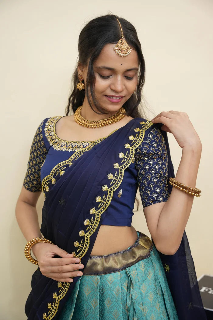 Beautiful South Indian Style Half Saree with Embroidery Work and Beads Work Blouse and Dupatta for Women | Reet KV