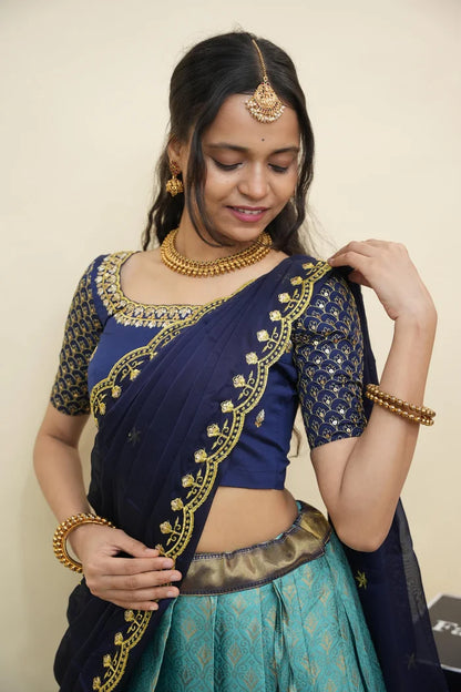 Beautiful South Indian Style Half Saree with Embroidery Work and Beads Work Blouse and Dupatta for Women | Reet KV