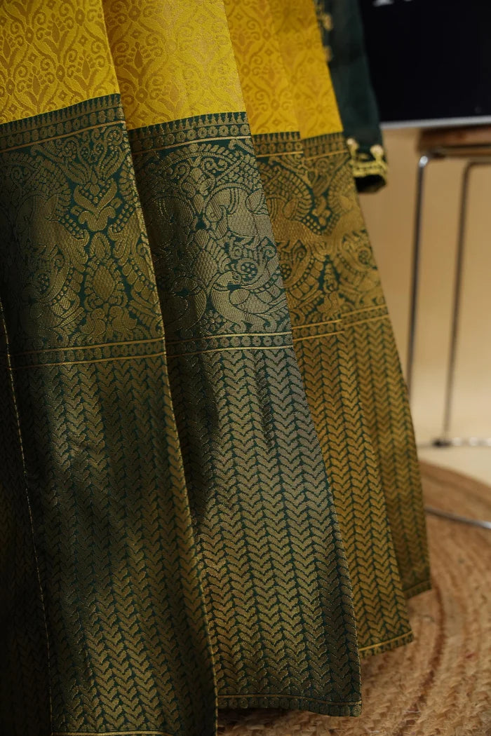 Beautiful South Indian Style Half Saree with Embroidery Work and Beads Work Blouse and Dupatta for Women | Reet KV