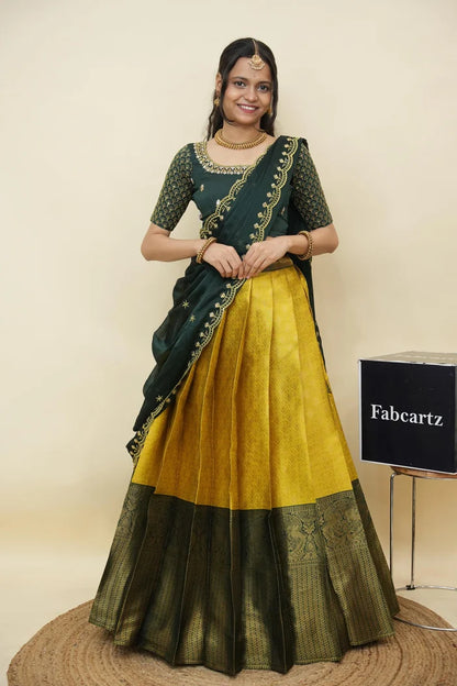 Beautiful South Indian Style Half Saree with Embroidery Work and Beads Work Blouse and Dupatta for Women | Reet KV