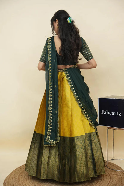 Beautiful South Indian Style Half Saree with Embroidery Work and Beads Work Blouse and Dupatta for Women | Reet KV