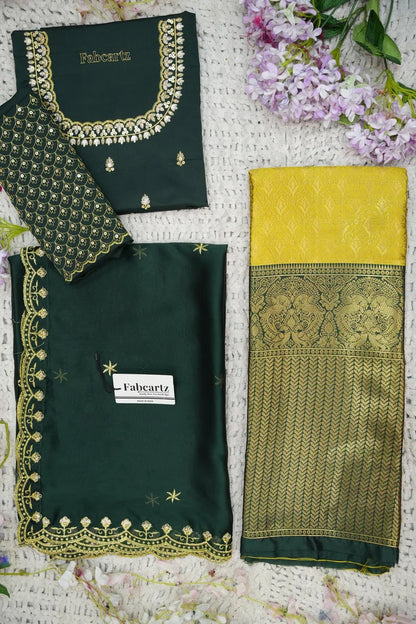 Beautiful South Indian Style Half Saree with Embroidery Work and Beads Work Blouse and Dupatta for Women | Reet KV