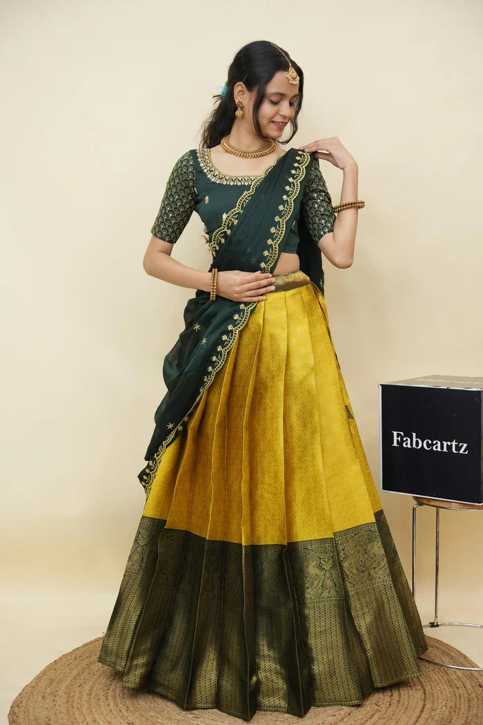 Beautiful South Indian Style Half Saree with Embroidery Work and Beads Work Blouse and Dupatta for Women | Reet KV